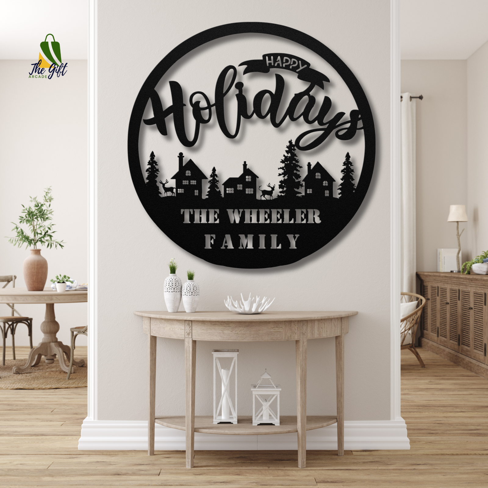 Happy Holidays Custom Family Name Metal Wall Art - Christmas Village Sign