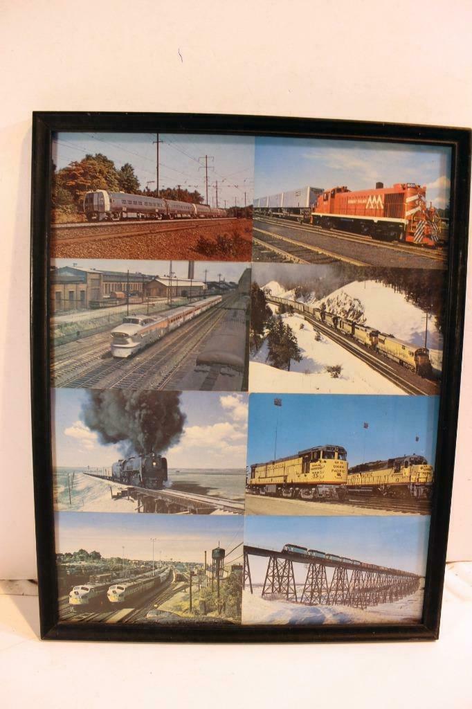 VINTAGE RAILROAD POSTERS/PRINTS - 8 POSTCARD COLLAGE- MIXED - FRAMED 12&quot;... - $6.27