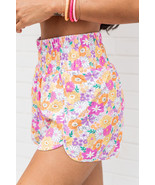 Pink Boho Floral Shirred High Waist Casual Shorts - €9,48 EUR