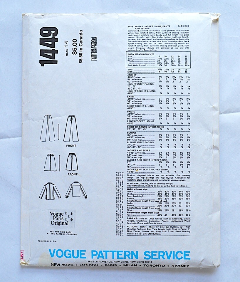 Vogue Paris Original Pattern 1449 Emanuel Ungaro 14 70s Skirt Pant Suit COMPLETE Item image 2