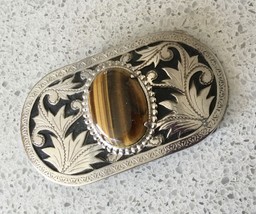 Vintage Rectangular Silvertone Southwestern Belt Buckle w Tigereye Cabochon - £7.15 GBP