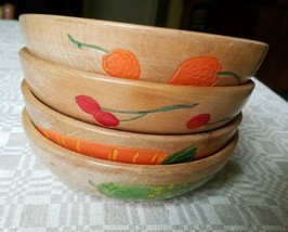Lot of 4 Made in Japan Vitnage 6&quot; Wood Salad Bowls with Vegetable Decora... - $16.92