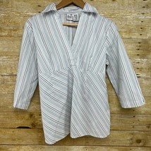 Duo Maternity Stretch V-Neck Shirt White Grey Brown Blue Striped Size M - £10.15 GBP