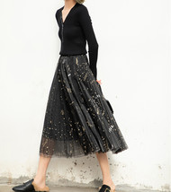 Black Pleated Long Tulle Skirt Outfit Women Pleated Tulle Holiday Skirt image 1