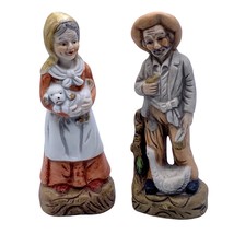 Vintage Country Old Man &amp; Woman Set 2 Figurines Porcelain Bisque Puppy Goose - £12.39 GBP