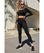 Black Solid Color Long Sleeve Crop Top Leggings Yoga Sports Set - $2,322.99 MXN