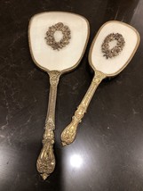Vintage Gold Toned Brush &amp; Mirror Set Gold Wreath Decals Floral Embossed Handles - £32.25 GBP