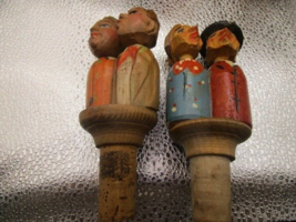 Vintage G.Lang Germany Carved Wood Cork Stoppers Wine double Figures pair - £51.42 GBP
