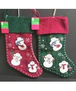 Vtg Fabric Christmas Red &amp; Green Snowman Snowflakes 18&quot; Stockings (Qty 2... - £15.81 GBP
