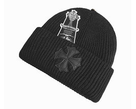 Chrome Hearts Style Winter Beanie Skully Cap Leather Cross Patch Silver 925 - £27.96 GBP