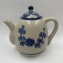 Vintage Large Stoneware Tea Pot Cobalt Blue on Gray Folk Art Florals Rare - $87.07