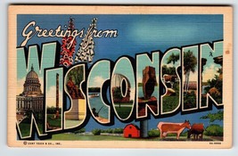 Greetings From Wisconsin Large Big Letter Postcard Curt Teich Unused Vintage - £4.95 GBP