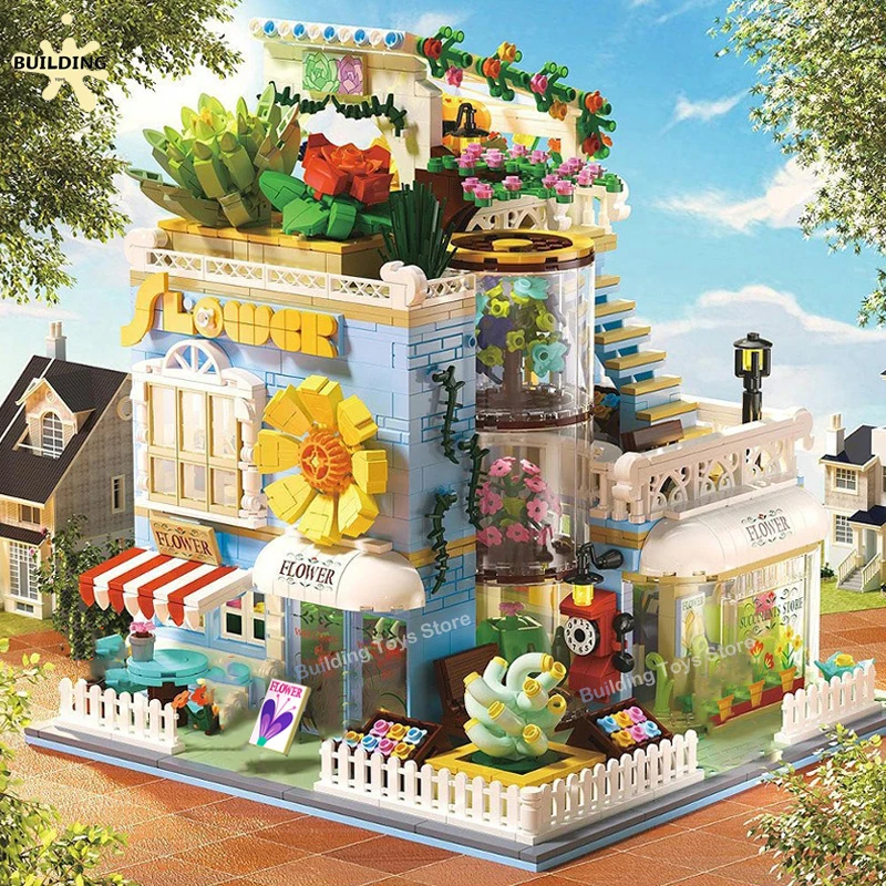 2091pcs Creative Street View Mini Succulent Flower Store Building Blocks Set - £80.24 GBP