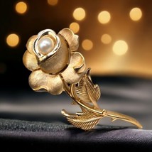 Signed Crown Trifari Brooch Pin Rose Imitation Pearl Brushed Gold Tone V... - £59.35 GBP