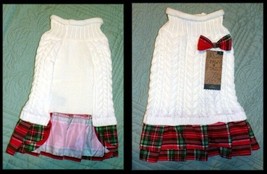 NWT Paw &amp; Tail Pet Dog White &amp; Red Plaid Yarn Christmas Sweater Dress M/... - £13.58 GBP