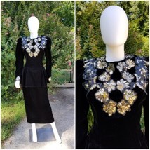 Vintage Does 40s Jessica McClintock Black Velvet Peplum Midi Fitted beaded Dress - £105.60 GBP