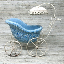 Baby Carriage Planter Bowl Removable Blue Ceramic Basket Metal Wire Frame VTG 9” - £33.41 GBP