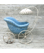 Baby Carriage Planter Bowl Removable Blue Ceramic Basket Metal Wire Fram... - £32.88 GBP