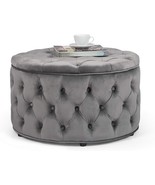 Grey Homebeez Round Velvet Storage Ottoman With Button Tufted Footrest And - $152.98