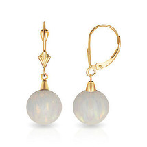 9 mm Ball Shaped White Fire Opal Leverback Dangle Earrings 14K Yellow Gold - $126.99