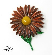 Vintage 60s Brown, Gold, Green Enamel Flower Pin Brooch - 2 1/2&quot; High - ... - $16.00