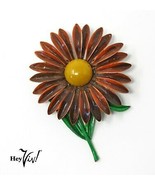 Vintage 60s Brown, Gold, Green Enamel Flower Pin Brooch - 2 1/2&quot; High - ... - £12.53 GBP