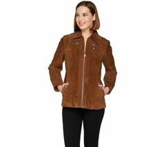 Dennis Basso Washable Leather Suede Zip Front Jacket in Brown Size Lg NW... - $55.17