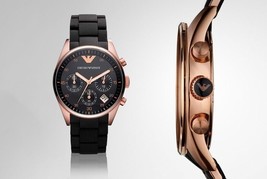 New Genuine Emporio Armani AR5906 Silicone Black Rose Gold Womens Watch Boxed - £89.52 GBP