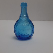 Vintage Wheaton Cerulean Blue Embossed 3.5&quot; by 2&quot; Miniature Bottle Glass Decor - £25.40 GBP