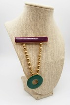 Vtg 80&#39;s geometric modernist purple &amp; green enamel bar pin hanging circl... - $19.99