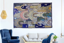 Indian Heavy Hand Embroidered Wall Hanging Vintage Zari Patchwork Beads Tapestry - £59.34 GBP