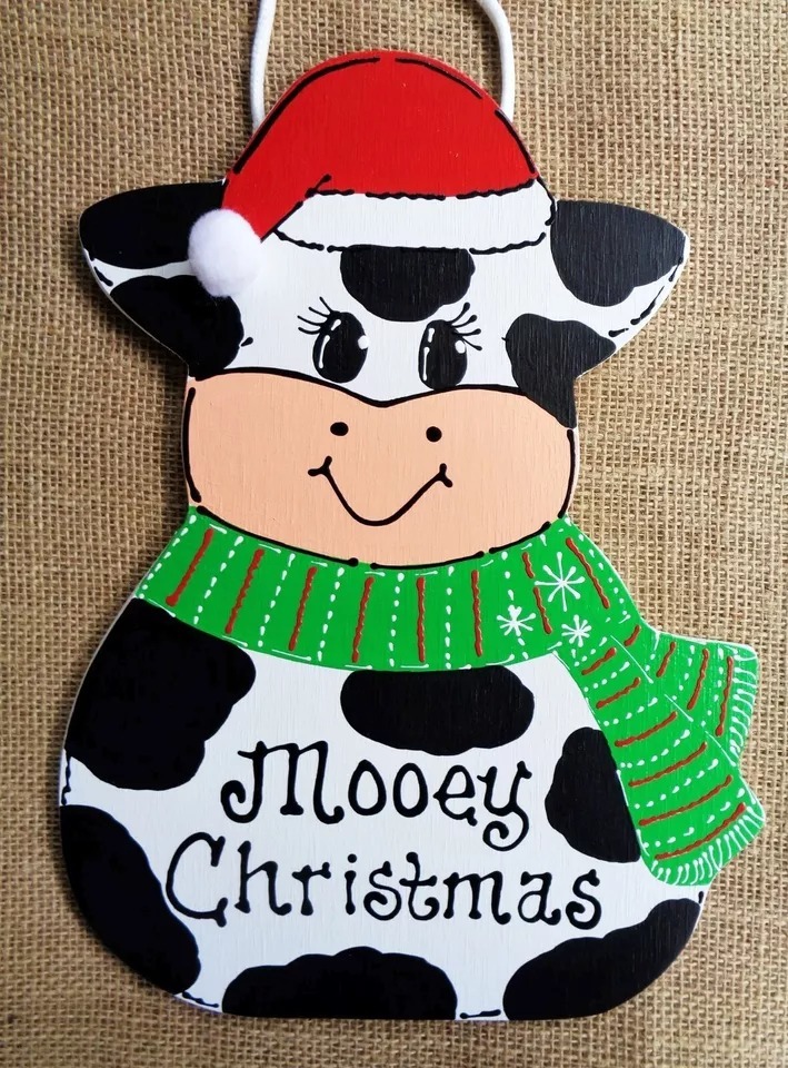 Mooey Christmas Cow Winter Sign Plaque Cute Seasonal Holiday Decor - $29.98