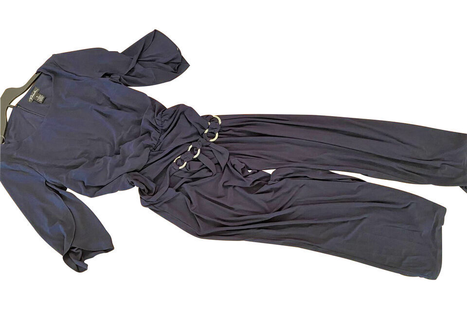 Women's Jumpsuit Size S-M-L-XL loose 3/4 Sleeves dark navy ornament Belted NWT