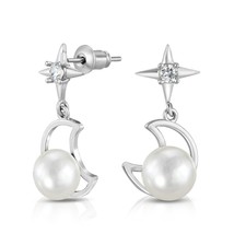 Night Elegance North Star CZ Crescent Moon White Pearl Sterling Silver Earrings - £17.08 GBP