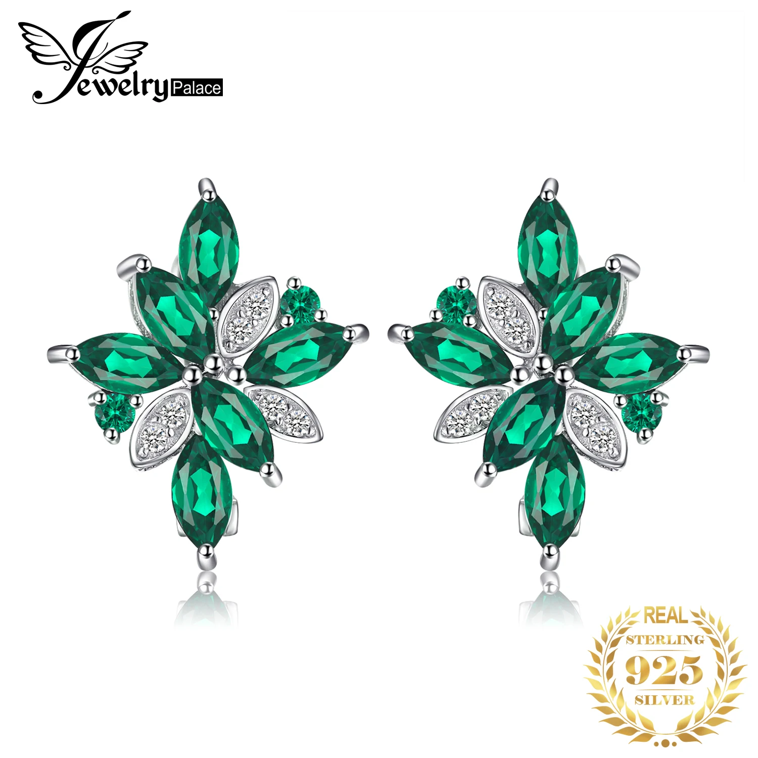 Flower 2.4ct Green Simulated Nano Emerald 925 Sterling Silver Dangle Clip Earrin - £31.87 GBP