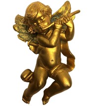 Gold Cherub Wall Hanging Christmas Decor 4&quot; Signed Italy Angel Flute - £18.68 GBP