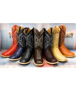 Men&#39;s Western Cowboy Boots Ostrich Quill Pattern Genuine Leather Square Toe - £88.49 GBP