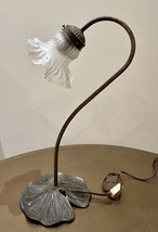 Vintage L&amp;L WMC Lamp Brass Lily Pad Gooseneck Table Frosted Glass Shade 17” - $52.00