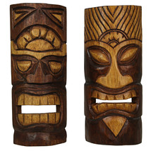 Set of 2 Brown Wood Natural Tiki Mask Wall Hangings 12 Inches High - £31.21 GBP