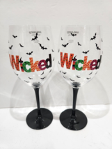 Halloween Bats WICKED Orange Black Purple Wine Glasses New Set of 2 - £29.27 GBP