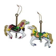Carousel Horse Ornaments Set of 2 Handpainted Resin Flowers Ribbons Christmas - £9.49 GBP
