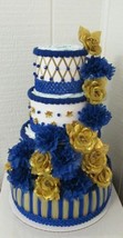 Royal Blue and Gold Elegant Themed Baby Boy Shower Decor 4 Tier Diaper Cake - £90.46 GBP