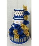 Royal Blue and Gold Elegant Themed Baby Boy Shower Decor 4 Tier Diaper Cake - £85.09 GBP
