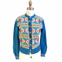 Vtg 40s Husfliden Stavenger Hand Knit Norwegian Wool Sweater Blue/Multi S - $78.41