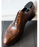 Men&#39;s Oxford Leather Dark Brown Wingtip Brogue Lace Up Formal Wear Shoes - $159.00