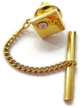 Rhinestone Tie Tack Necktie Lapel Hat Push Pin Square Gold Tone Chain Men Vtg - £15.51 GBP