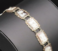 925 Silver - Vintage Carved Mother Of Pearl Scenery &amp; Marcasite Bracelet... - $106.52