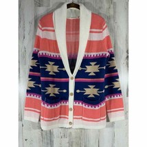 Ellison Cardigan Sweater Cream Coral Blue Aztec Southwest Size Large - $17.31