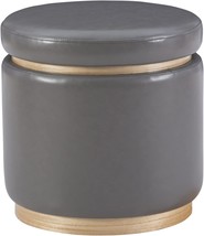 Linon Lexington Grey Faux Leather Round Storage Ottoman With Wood Accent - $80.93