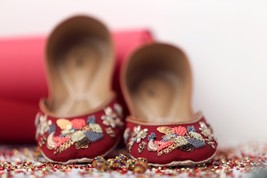 Petals and Prosperity - Red Luxurious Flat Shoes with French Knots and Gold Bead - £93.55 GBP